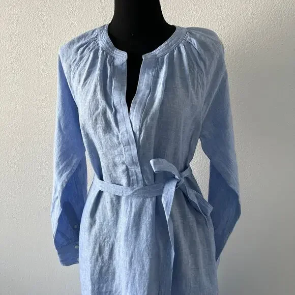 J Crew Cabana Linen Dress Size Small Blue Long Sleeve Pockets Flaw - Picture 4 of 15